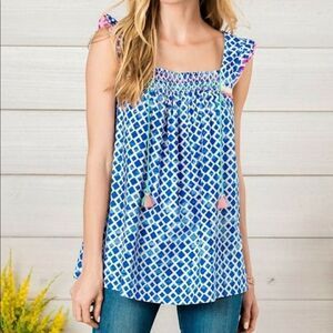 Matilda Jane MJ Wandering Water Blue White Smocked Top Blouse Shirt Large